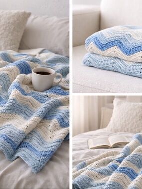 Hand-Crocheted Chevron Throw Blanket — Blue & Cream